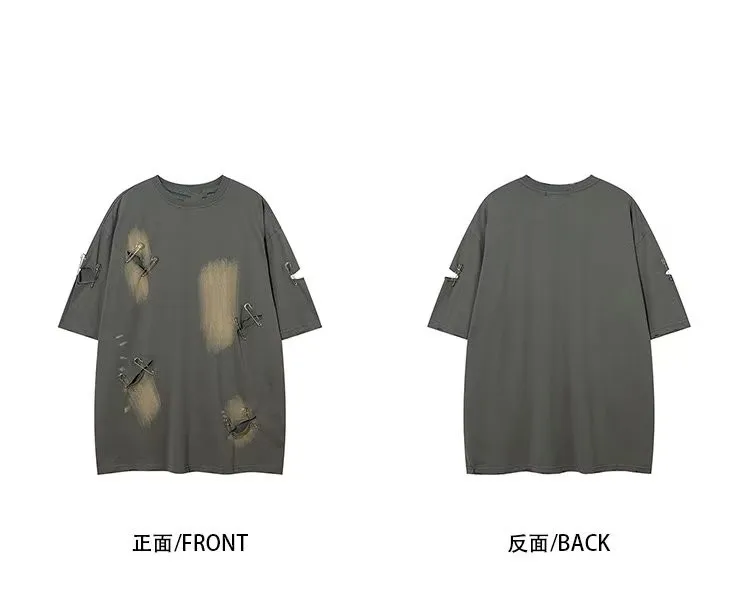 Fashion Men Oversized Vintage Ripped Hole Short Sleeve T Shirt Hip Hop Y2K Mens 100% Cotton O Collared Couple Techwear T Shirts