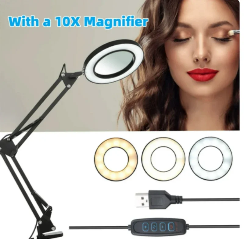 72LED 8X/10X  Illuminated Magnifier USB 3 Colors  Magnifying Glass  Soldering Iron Repair/Table Lamp/Skincare Beauty Third hand