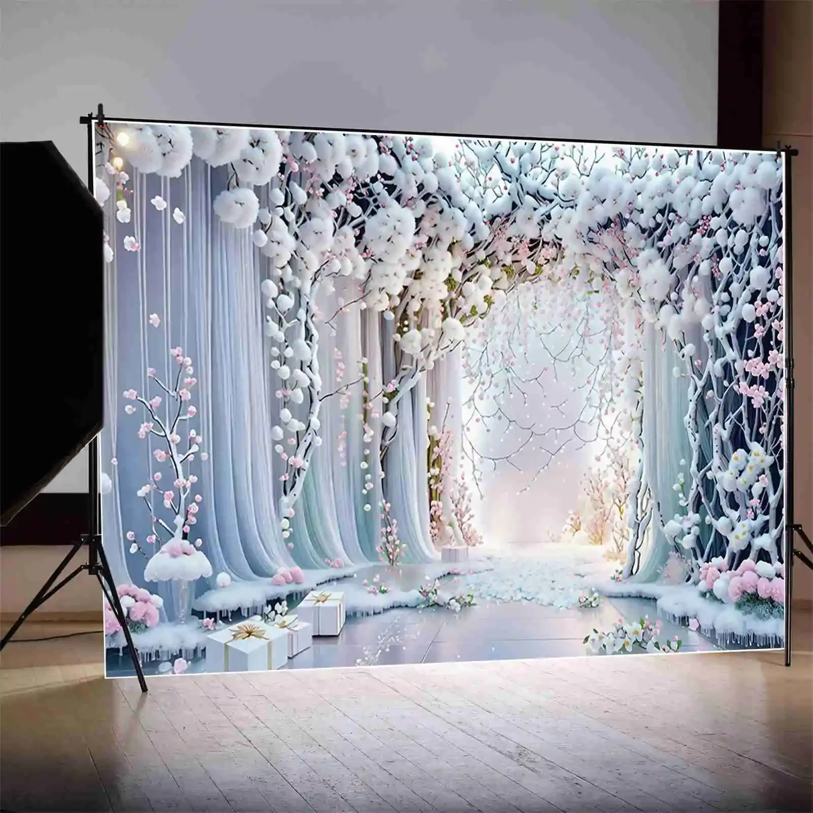 MOON.QG White Flower Blossom Drapes Photography Background Draping Fabric Curtains Chandelier Backdrop Girl Birthday Decorations