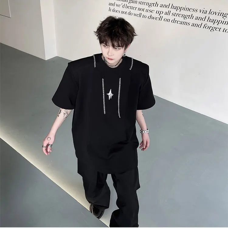 2024 summer niche high-end short-sleeved T-shirt men loose Korean style metal chain design half-sleeved couple tops y2k trendy