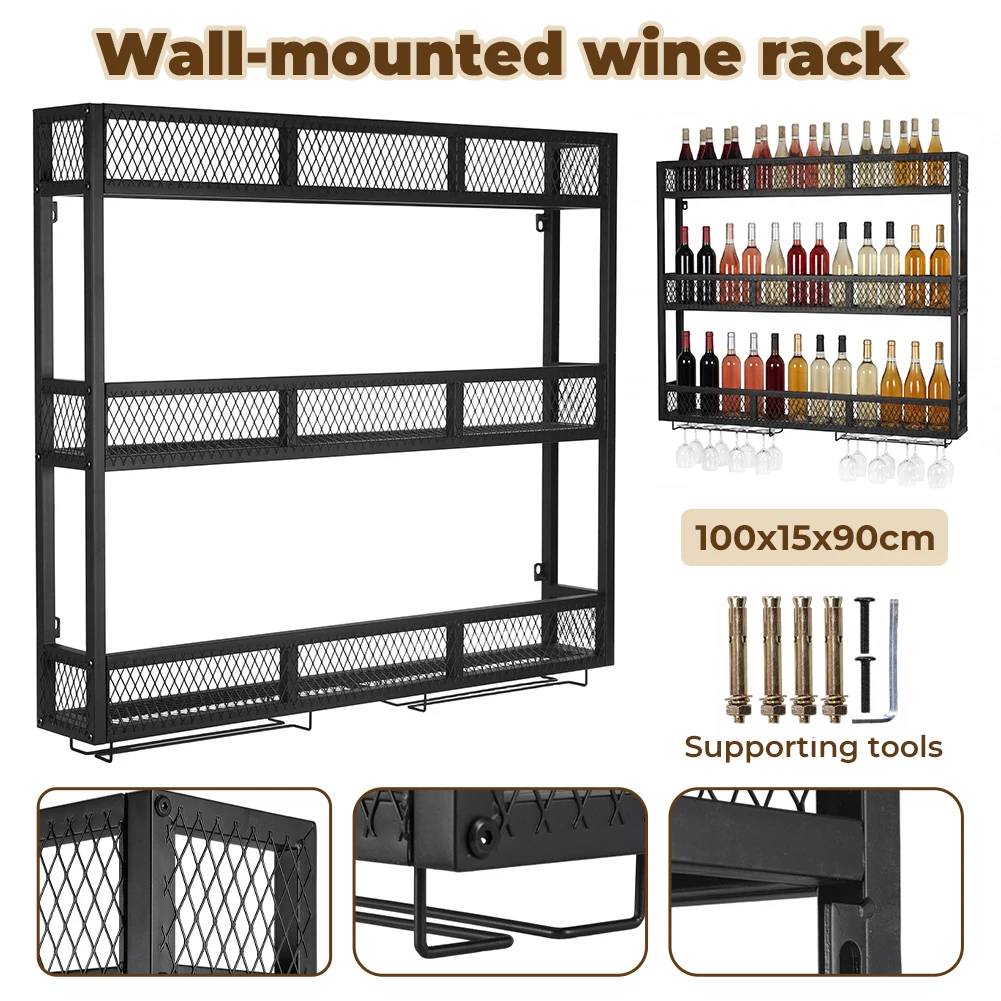 

39-дюймовая 3-ярусная металлическая подставка для хранения и демонстрации винных бокалов и бутылок с держателями для стаканов для дома, столовой, кухни