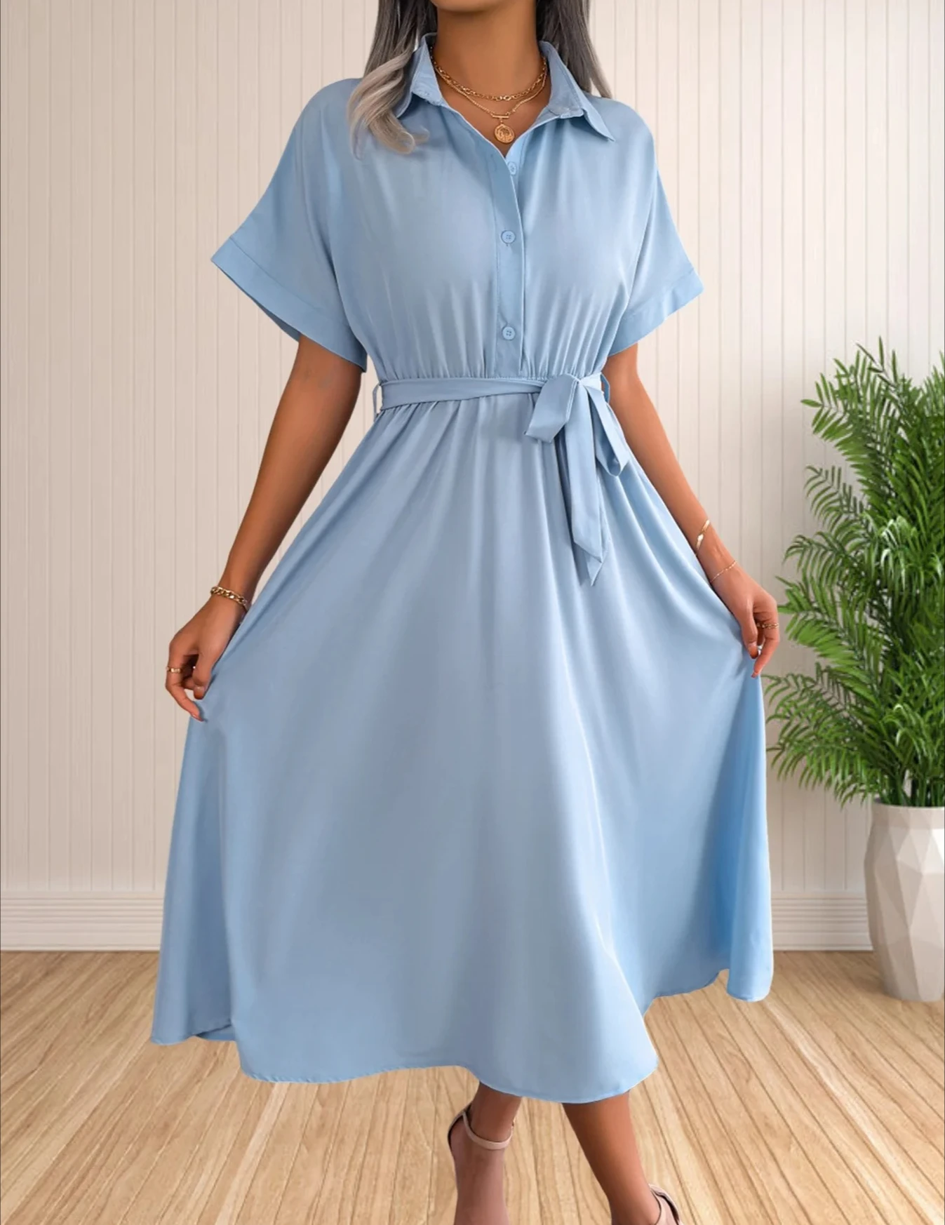 فستان نسائي بياقة صيفي كاجوال بأكمام قصيرة وأزرار أمامية وربطة عنق وخصر مكشكش وحاشية متوسطة الطول