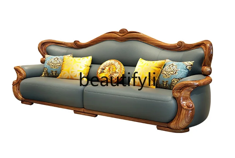 A71 New Chinese ebony leather sofa European villa living room large ebony sofa combination