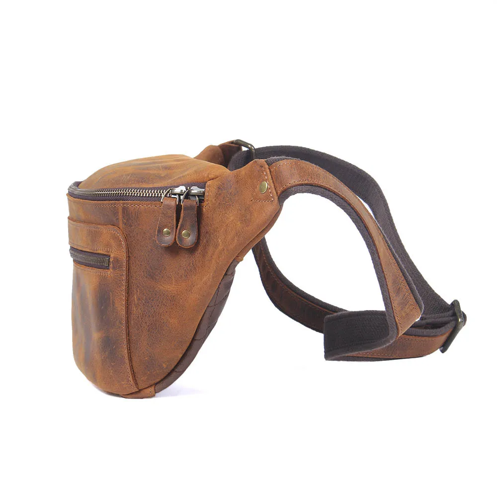 Genuine Leather Chest Bag Vintage Cowhide Sling Anti-Thief Crossbody Shoulder Bag Chest Daypack Male Travel Hiking Bags