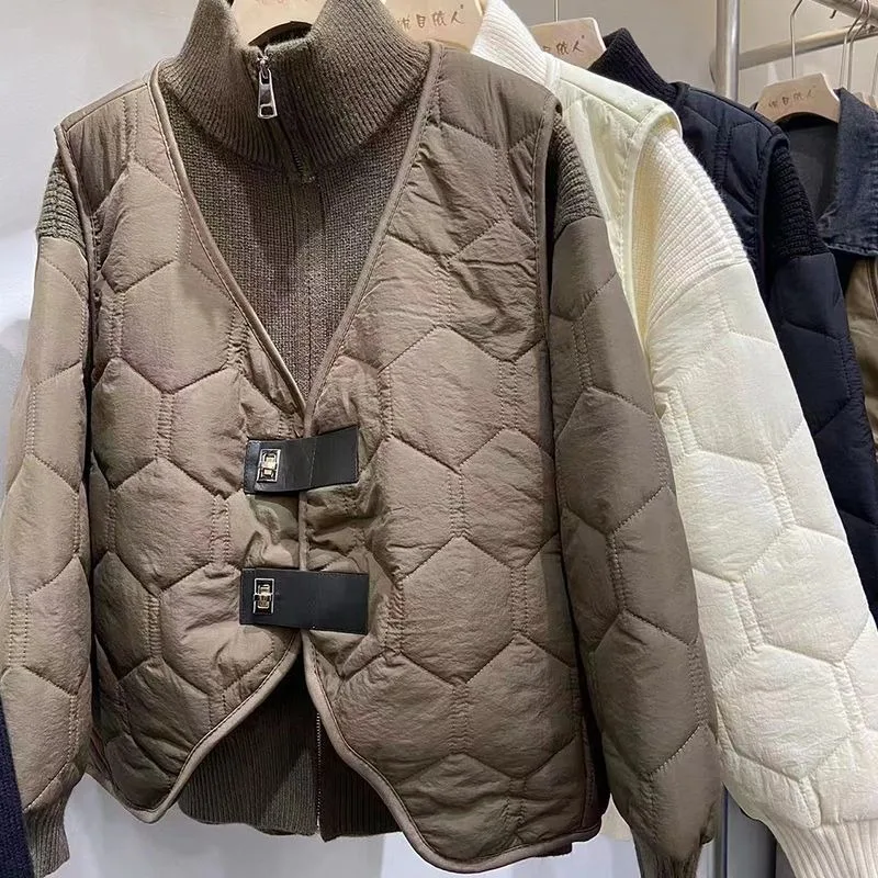 Women's Fall Winter Tops Coat Fake Two-piece Knit Splicing Cotton Coat Skinny Design Soft Comfortable Trends New Versatile Niche