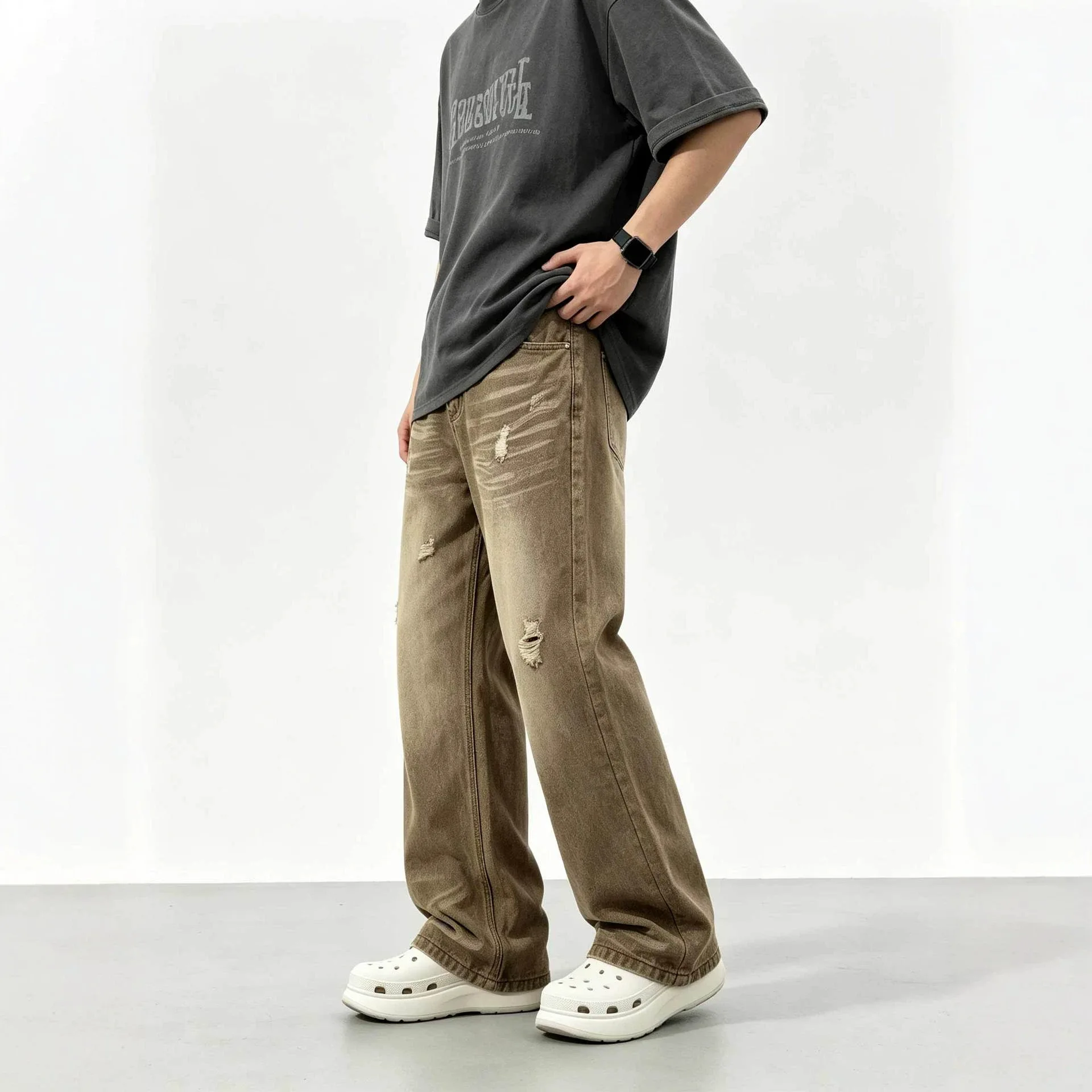 Men Black Brown Wash Hole Patched Wide Leg Straight Simple Basic Casual Trendy Denim Trousers Vintage Fashion Male Jeans Pants