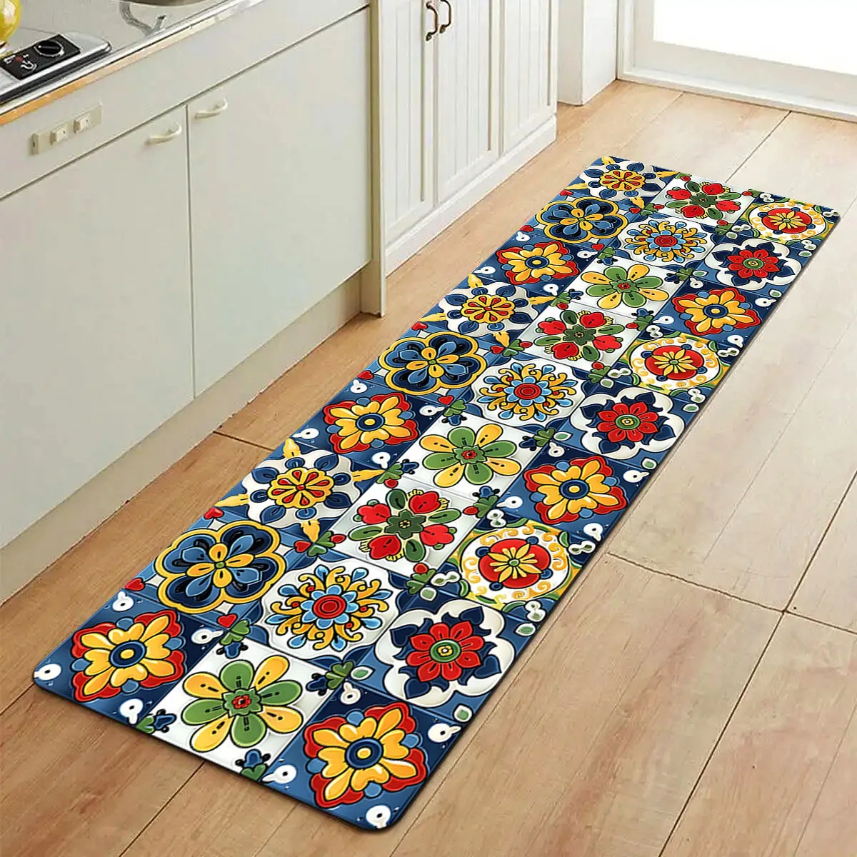 Bohemian Colorful Floral Tile Kitchen Runner Rug, Mexican Talavera Pattern Non-Slip Absorbent Floor Mat for Entryway Bathroom