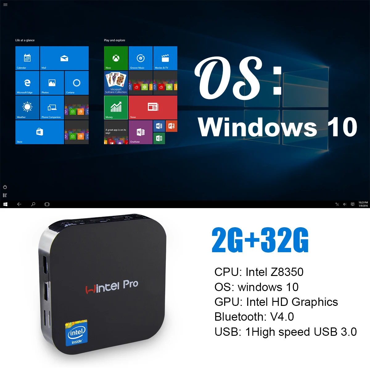 PC Intel Atom X5-Z8300 Mini, W8 Pro, Tablet OS W10, 2GB de RAM, 32GB ROM, WiFi, BT4.0, Mini PC, USB 3.0, WLAN, Em estoque