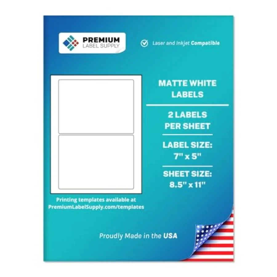 

White Sticker Shipping Labels 7" x 5" Laser/Inkjet Compatible 2 per Sheet 100 Sheets 200 Total Adhesive Labels