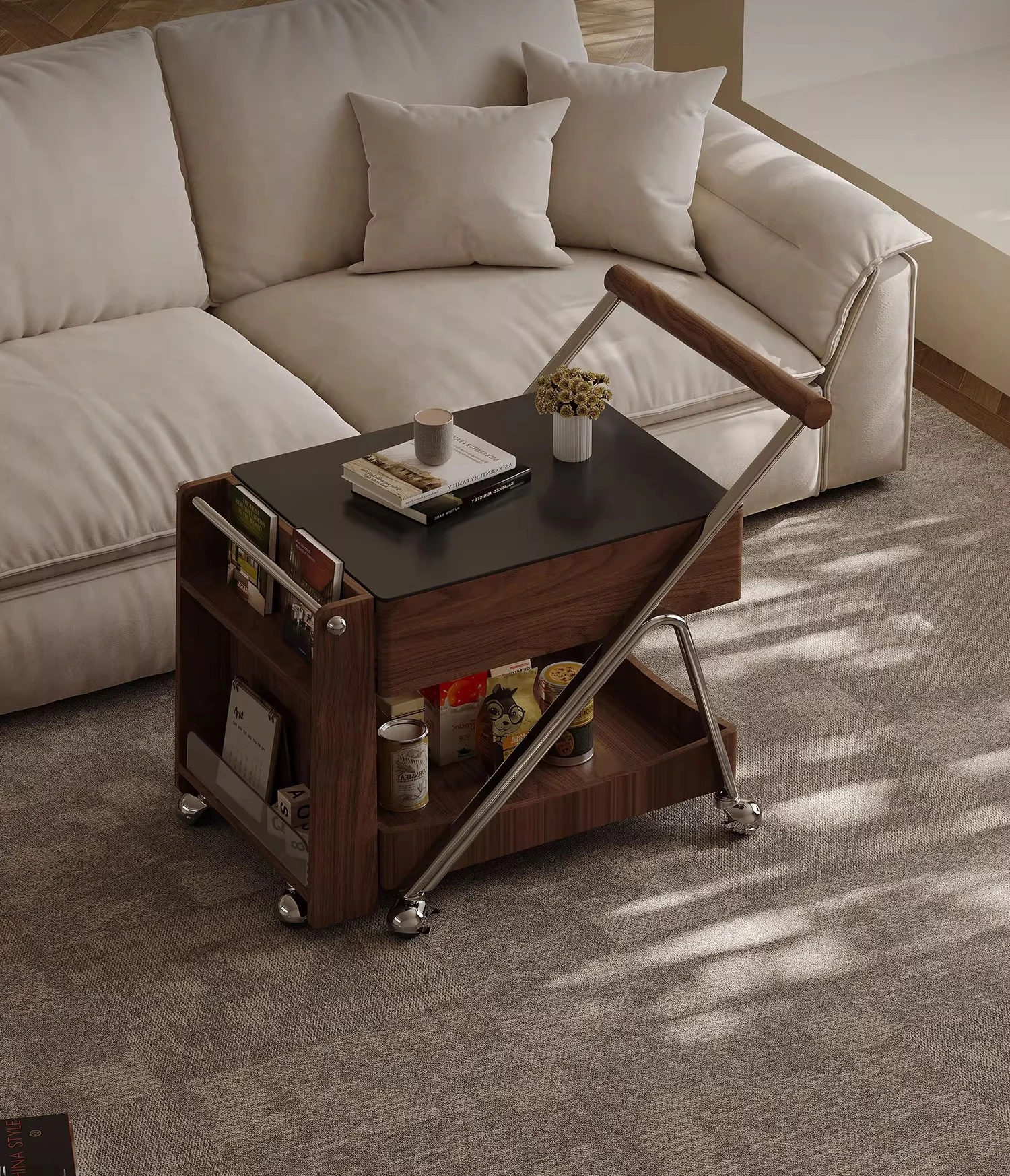 

Mid-Century Style Trolley Sofa Side Table Movable Telescopic Slate Coffee Table Solid Wood Designer Living Room Small Apartment