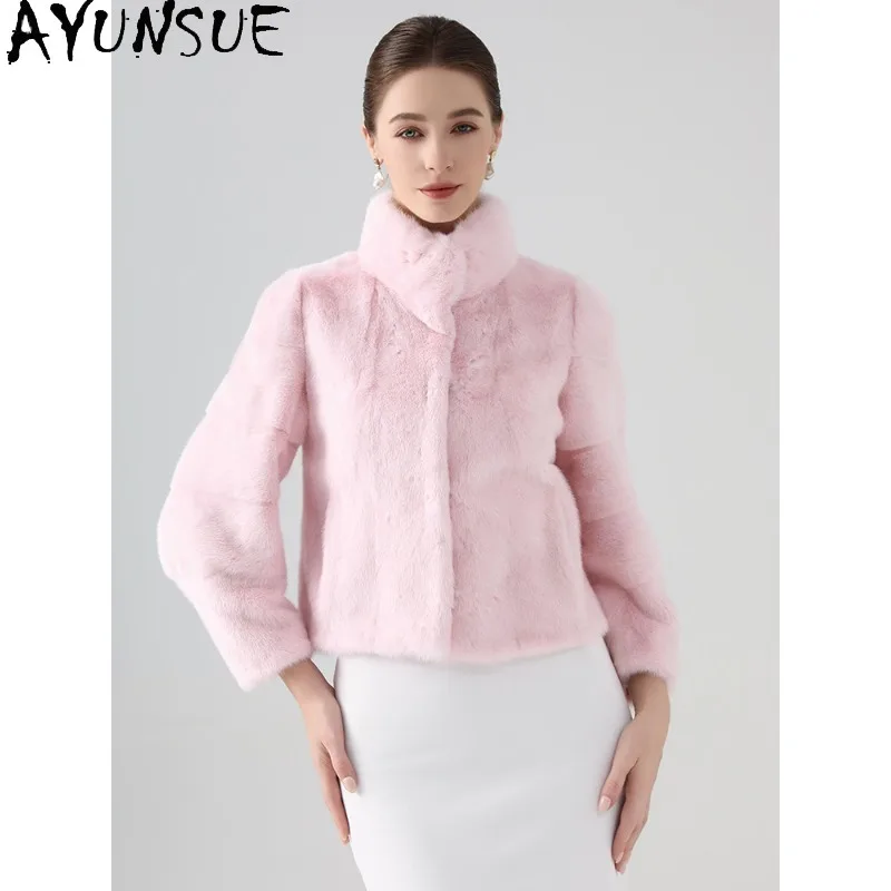 AYUNSUE معاطف الفرو الحقيقي للمرأة جواكت شتوية فاخرة امرأة الوردي ملابس خارجية معطف المنك كله ملابس امرأة Fourrures فام