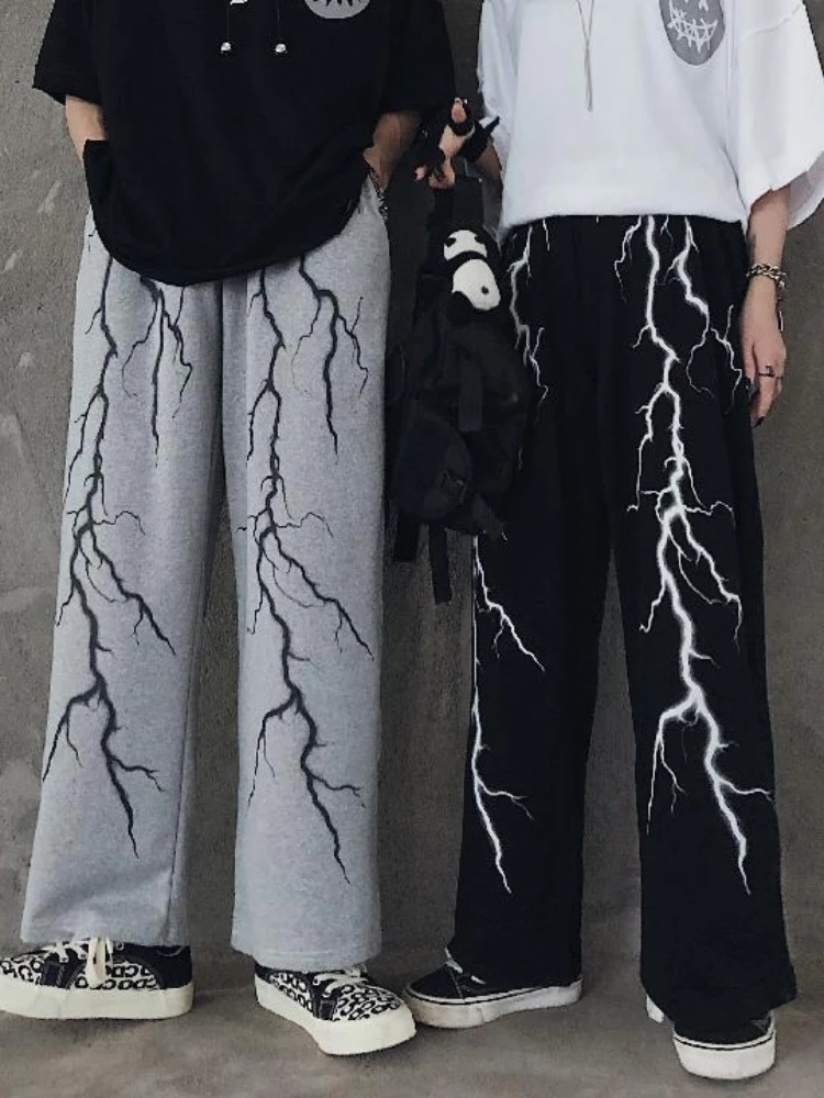 Spring Autumn Pants Lightning Print Casual Loose All Match Oversized Pantalones Draw String Punk Gothic Harajuku Y2k Clothes