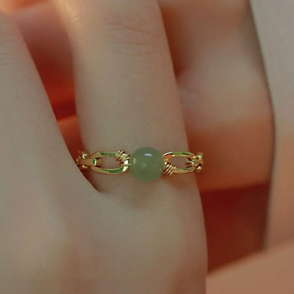 Retro Simple Finger Buckle Green Gold Women Finger Ring Hetian Jade Ring Women Open Ring Jade Beads Ring Chinese Style Ring