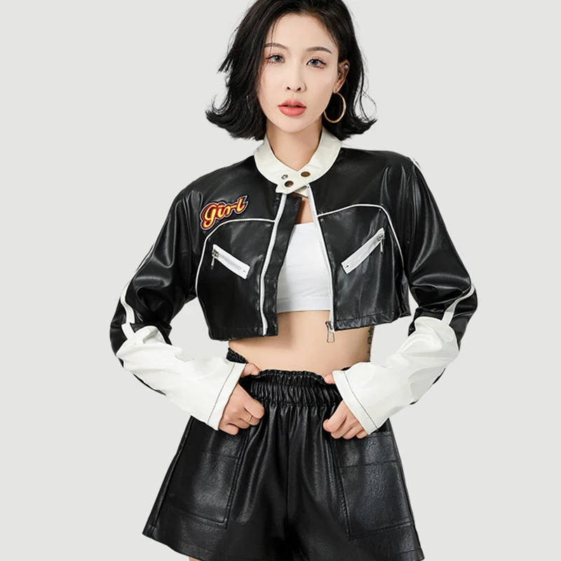 Vintage Letter Embroidery Motorcycle Jackets Women Faux Pu Leather Long Sleeve Jacket Woman Zipper Button Short Outwear Female