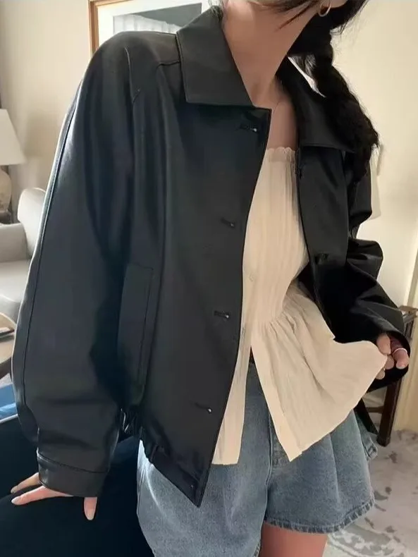 ゆったりとした女性用ブラレザージャケット、カジュアルなスプリング2025、ノースアイランドウールコート、ヴィンテージPUジャケット、通勤用防風