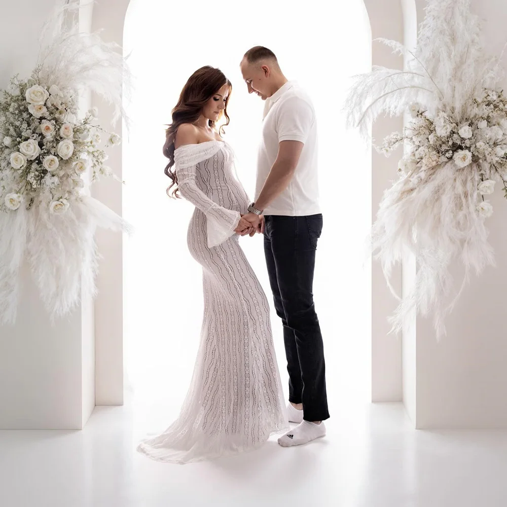 Maternity Dresses For Photo Shoot Elegant One Shoulder Long Sleeved Lace Dress Baby Shower Dress Photography For Pregnant Women