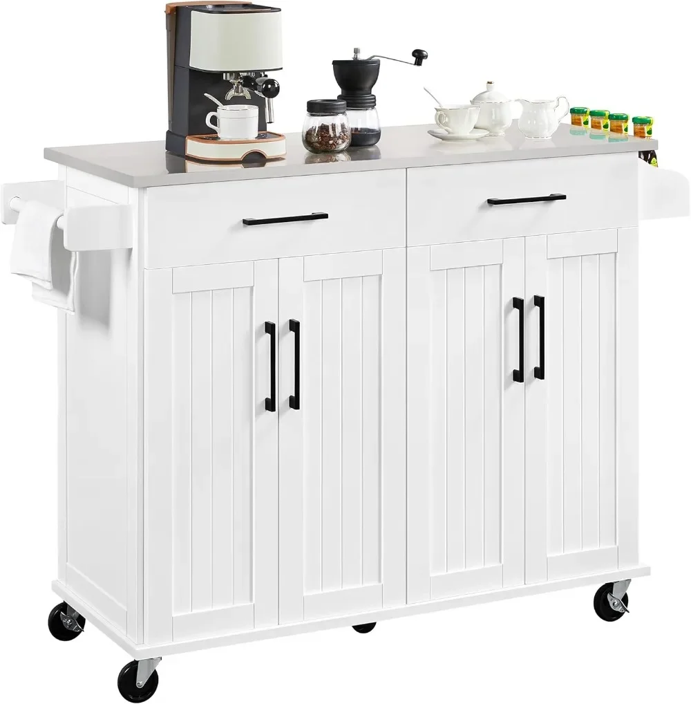 Kitchen Island Cart with Storage & Stainless Steel Countertop, Portable Kitchen Island on Wheels with Cabinet