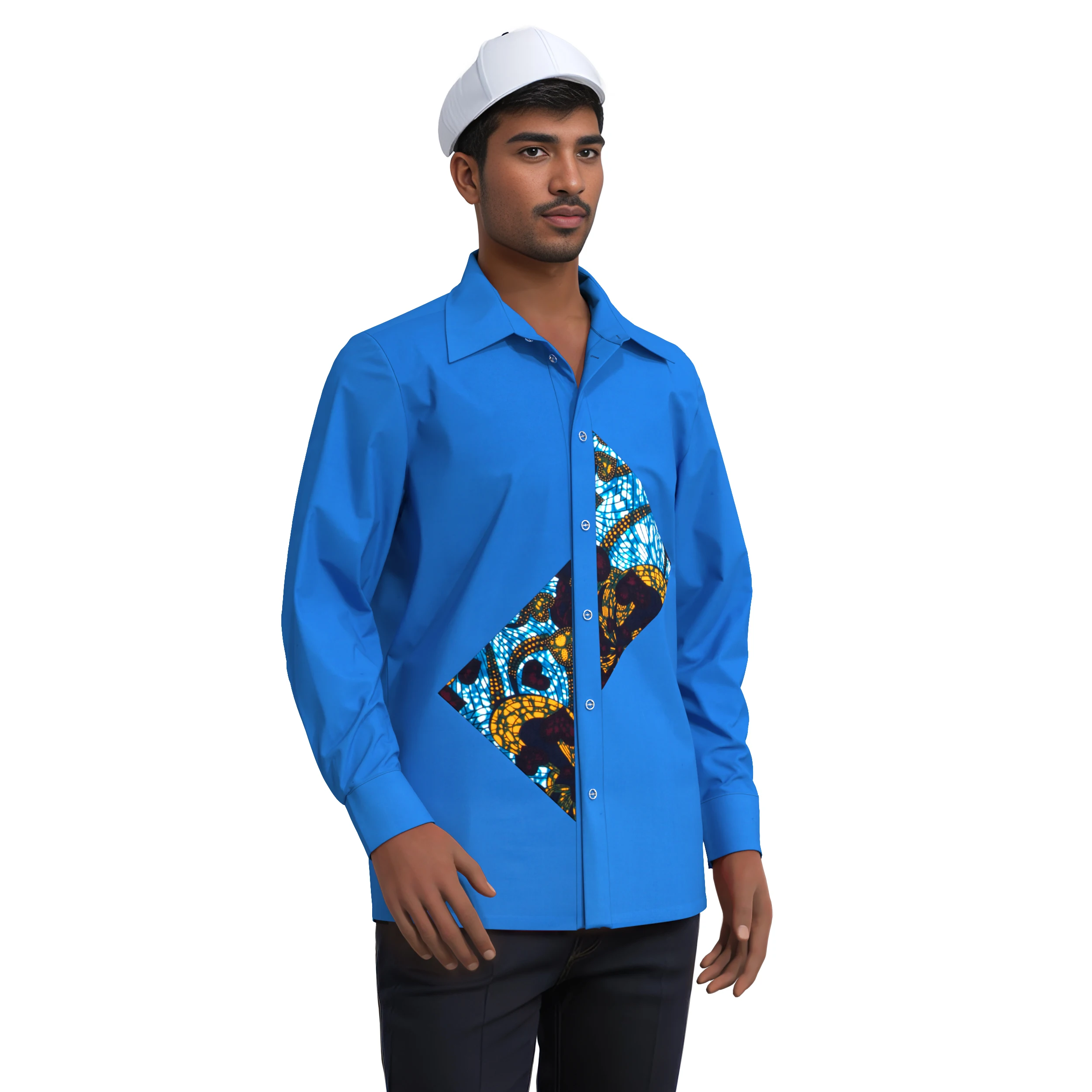Men African Print Spliced Shirt, Long Sleeve Button Down Top with Ethnic Fabric Decoration, Multiple Color Options WYN2176