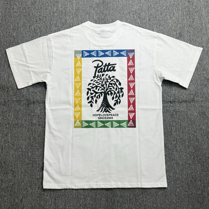 Casual Off White Cotton PATTA Tees Front Back Dual Print Loose Drop Shoulder Men Summer Crew Neck Patta T-Shirts