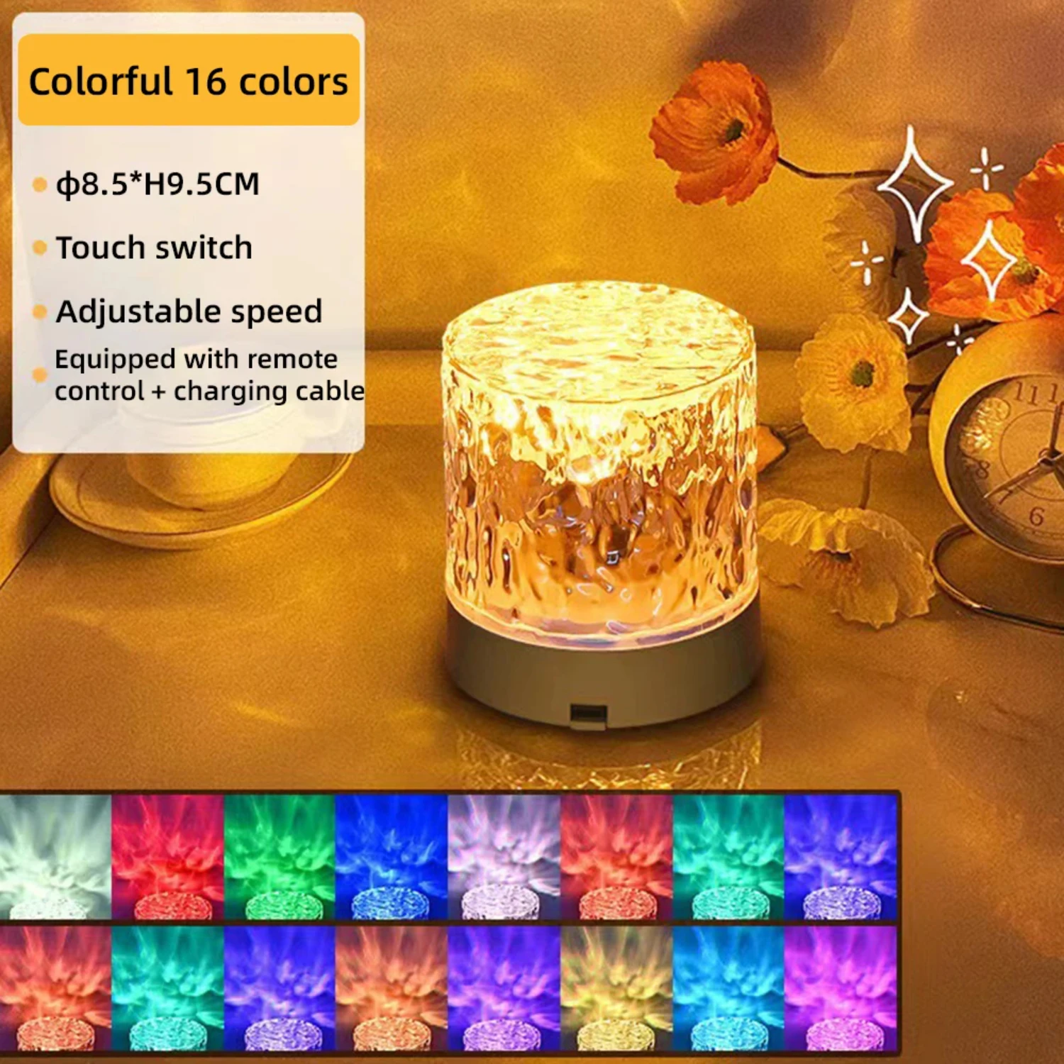 Lámpara de mesa de cristal LED, proyector de luz rosa, 16/3 colores, luz de ambiente romántico ajustable táctil, luz nocturna táctil USB