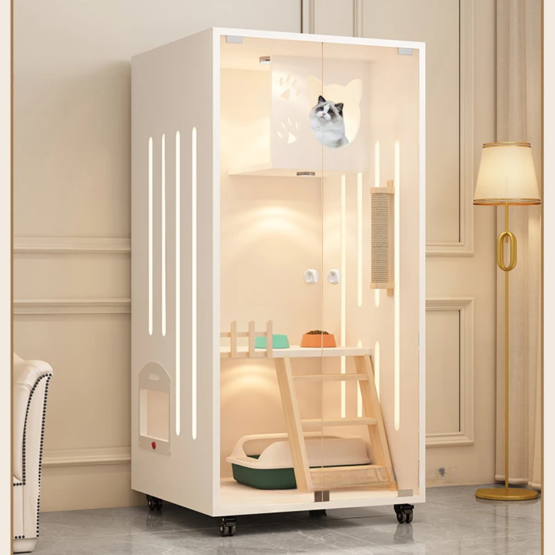 Cream-style Cat Cage for Pet Shop Density Board Cat House Double-layer Large Space Glass Door Light Luxury Simple Cage for Cats