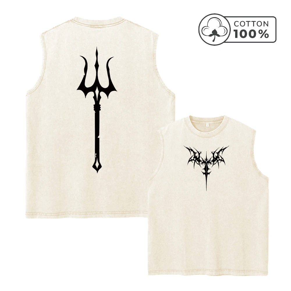 Men's Gothic Style Thorn Wings Trident Print Distressed Pure Cotton Washed Vest For Summer Gym Workouts And Daily Commute