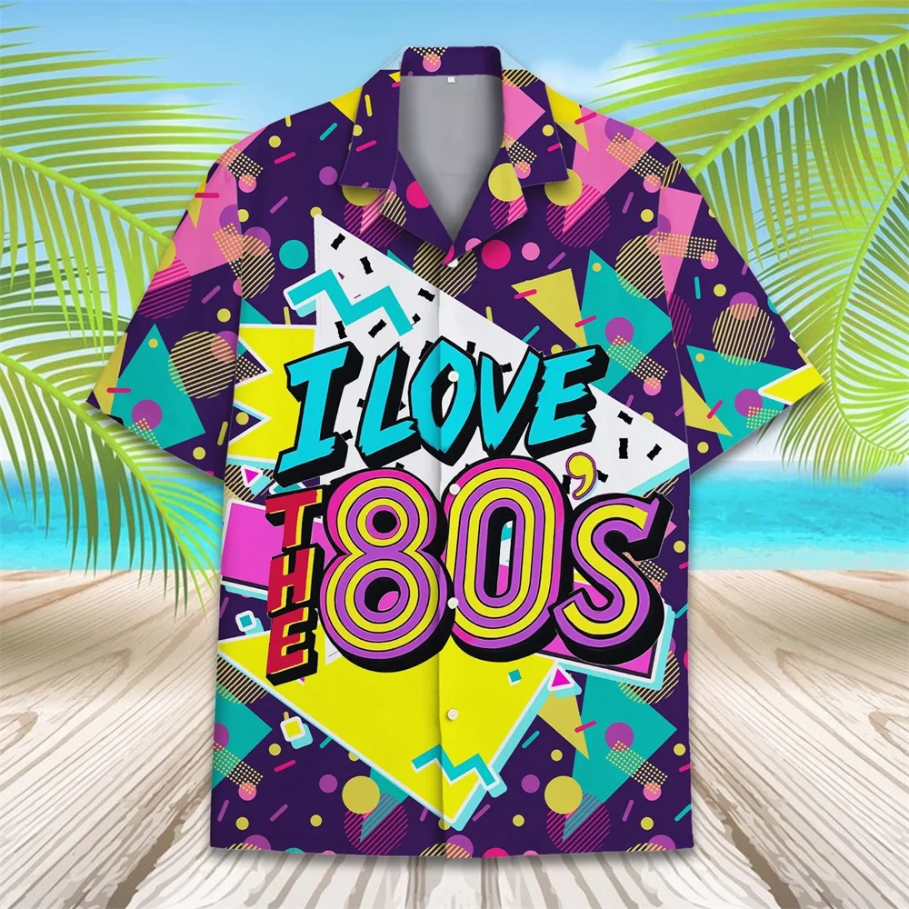 Retro 80s Neon Geometric Shirt For Men Graphic Print Short Sleeve Shirt Vintage Music Disco Party Summer Casual Beach Top Wear