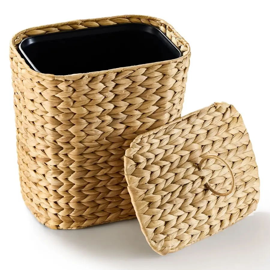 

2.6 Gallon Wicker Trash Can with Lid, Handwoven Rattan Trash Can, Woven Decorative Wastebasket, Wicker Waste Basket with Removab