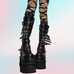 Cool Punk Style Thick Soled Mid Calf Boots Buckle Belts Round Ring Decor Matte Leather New Women Shoes 2024 Zapatos Para Mujere