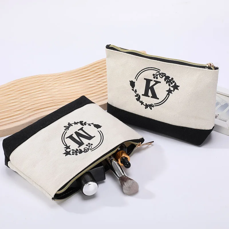 Portable cosmetic bag black and white color collision splicing organizer waterproof circle letter printing zipper coin purse