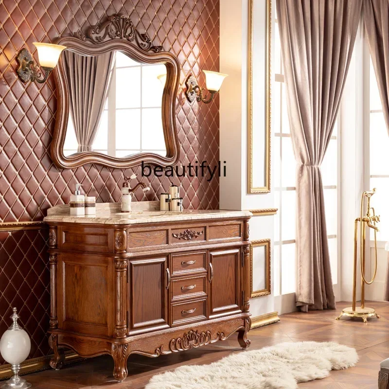 

New Arrivals European-Style Bathroom Cabinet Red Oak Solid Wood Hand Washing Washbasin Cabinet Combination Washstand Bathroom Ca