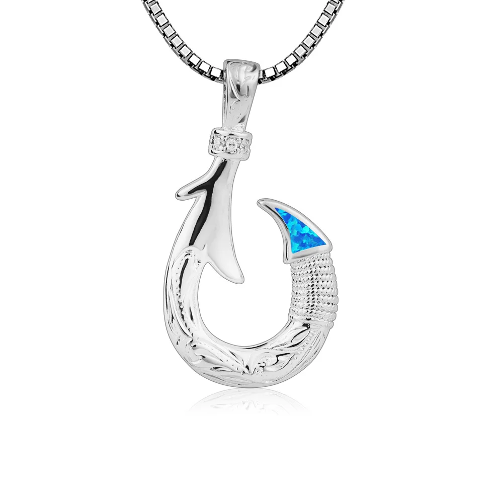 Fish Hook Pendant Necklace with Blue Opal,Silver Fishing Jewelry for Men, Nautical Outdoor Style, Unique Gift for Fisherman