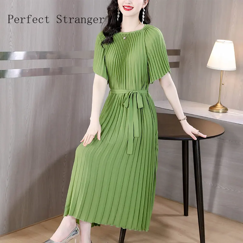 

2024 Summer Solid Color O-Neck Pleated Long Vestidos Women Korean Elegant Bodycon Office Lady Dresss