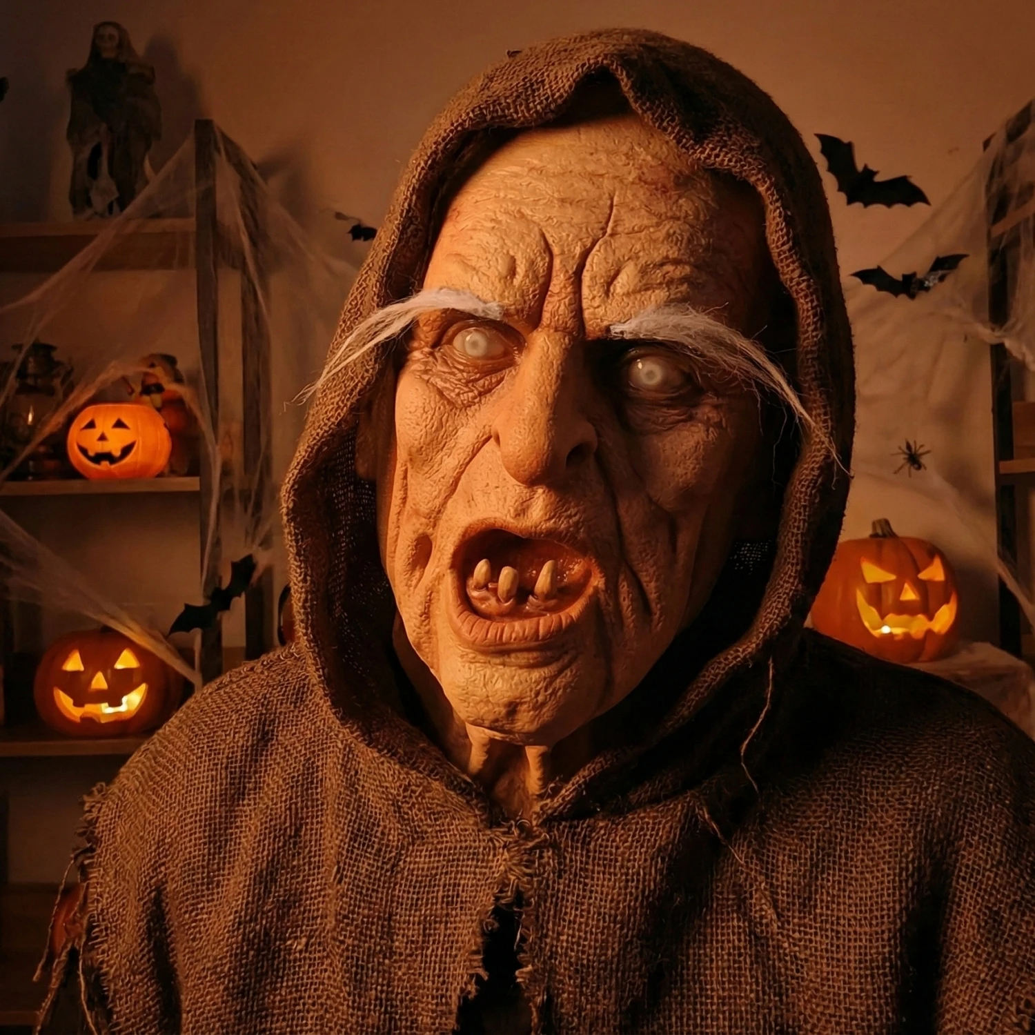 Realistische Old Man Zombie Latexmaske Gruseliger Opa Faltige Eldermaske mit spärlichen Zähnen Weiße Augenbrauen Gruselige Horror-Kopfmaske