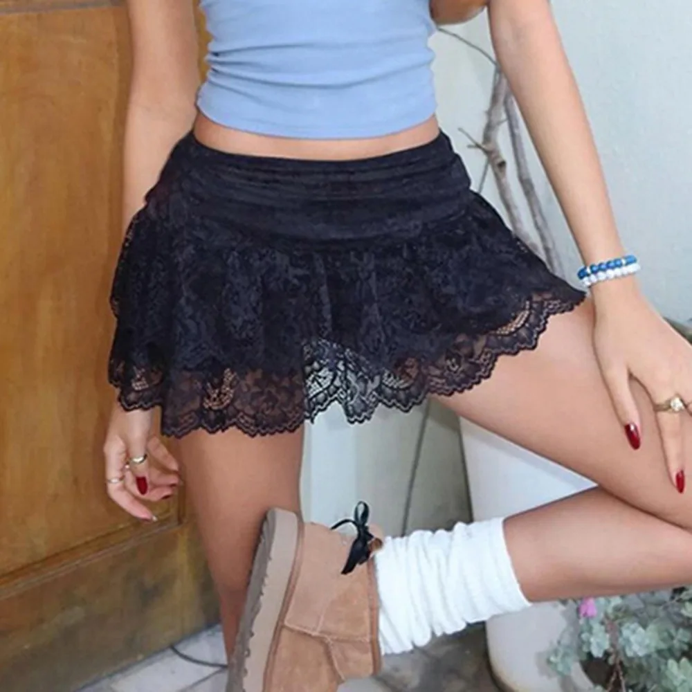 刺繍入りフラワーレースミニスカート Y2K ストリートウェア 原宿風 ラッフルスカート シースルー 二重層 バットカーテン ジーンズ装飾