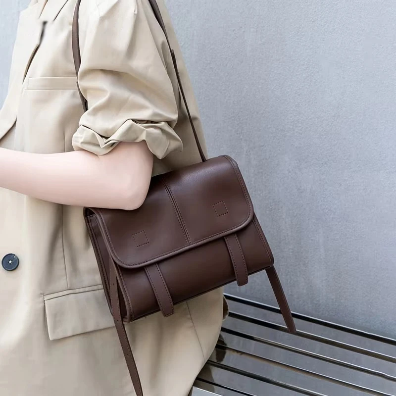 Women's Genuine Leather Solid Color Crossbody Bag Multi-Pocket Shoulder Bag Lightweight Messenger Bag Luxury Designer Handbag