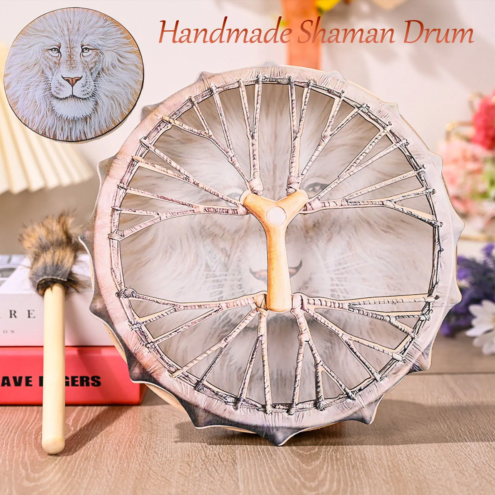 25cm Handmade Shaman Drum Siberian Shaman Lion Totem With Drum Stick Deep Bass Divine Sound Music Instrument Home Ornament