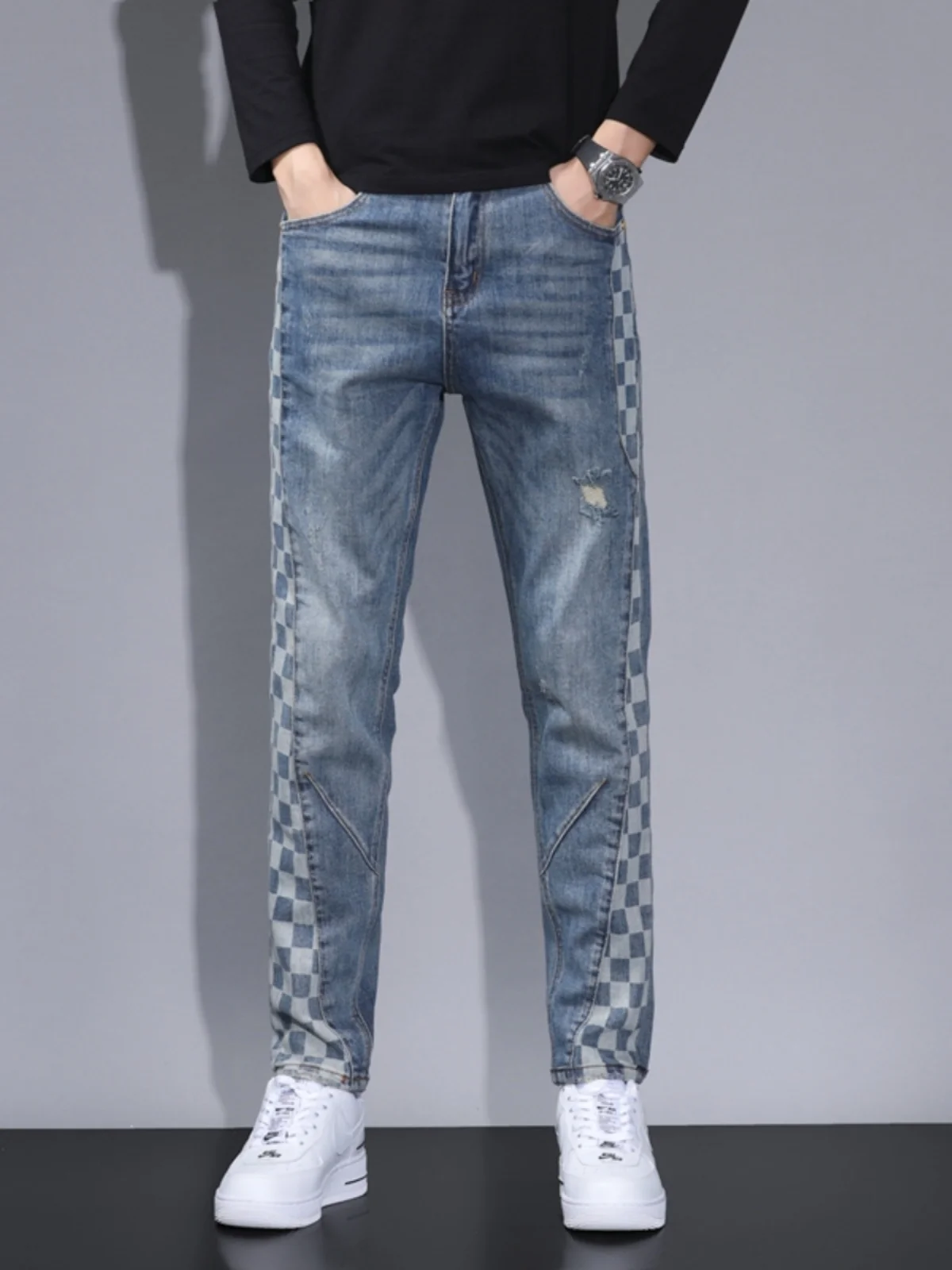

American Sle Slim Fit Casual Jeans for Men Trendy Plaid Print Splicing Long Pants High End Youth ular Spring Autumn Wear