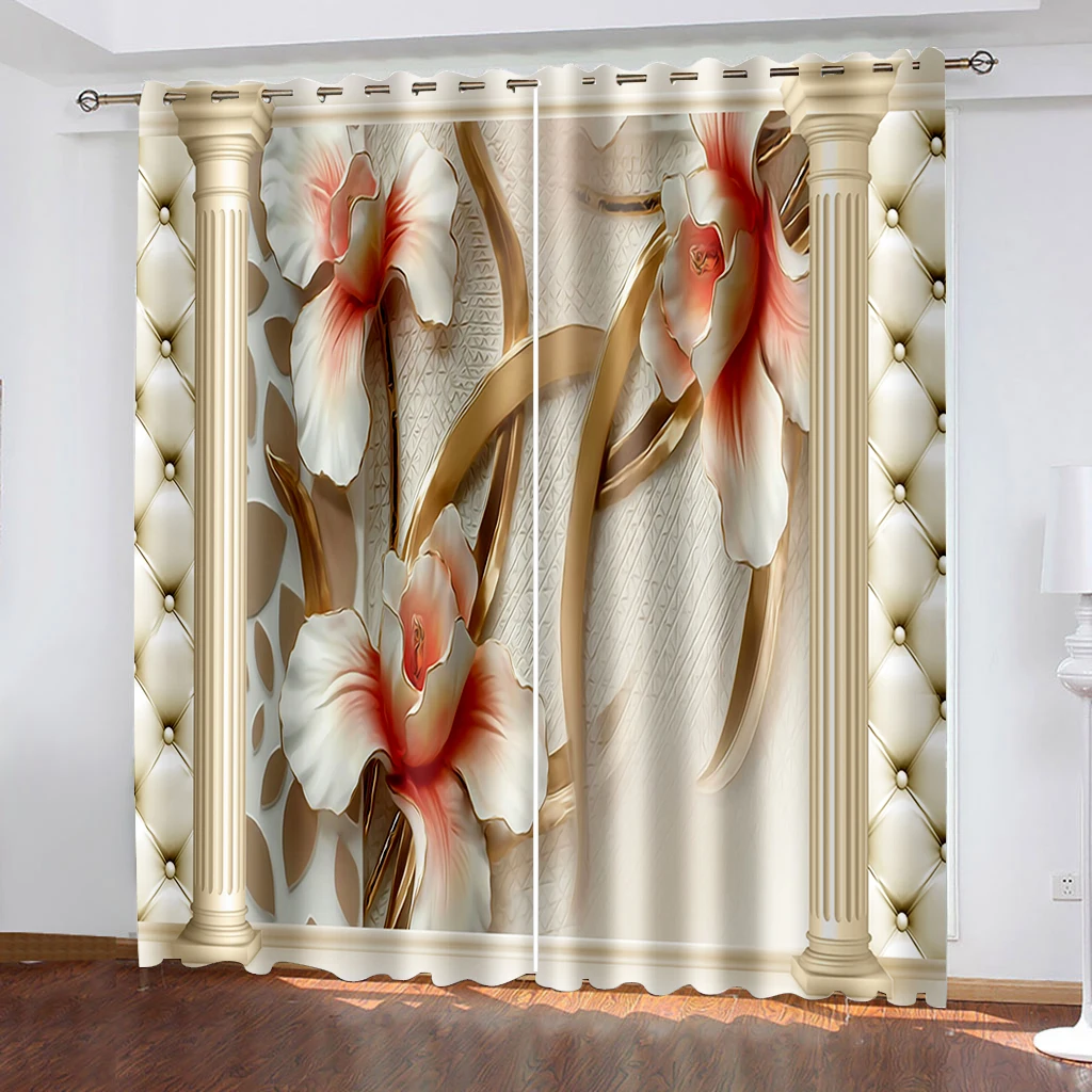 Modern Home Decoration Living Room Curtains pink flower lily curtains 3D Curtain Printing Blockout Polyester