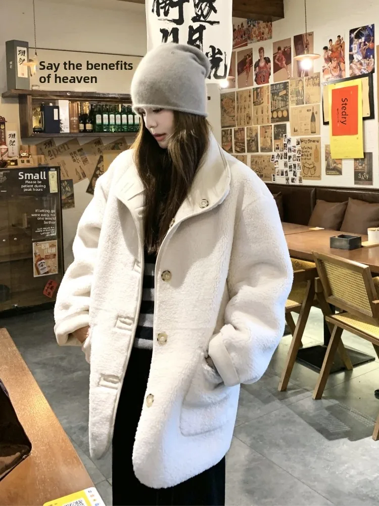 Lamb Fur Lined Thickened Women's Jacket Autumn Winter Two-Sided Wear Medium-Length Sheepskin Coat Polyester Fiber Button Closure