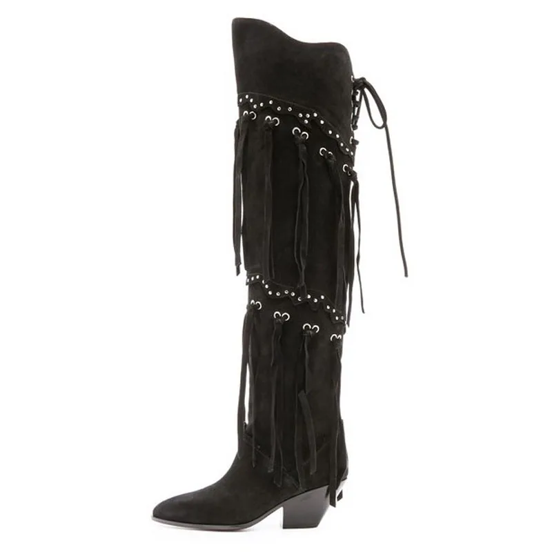 British Rivets Studs Fringed Thigh Boots Eyelet Long Tassel Suede Over The Knee Boots Pointed Toe Chunky Heels LOng Botas Woman