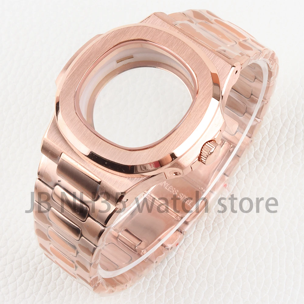 

Rose Gold 40mm Watch Case 25mm Strap Solid Stainless Steel Watchband Sapphire Glass for Nautilus NH35 NH36 Movement 29.8mm Dial