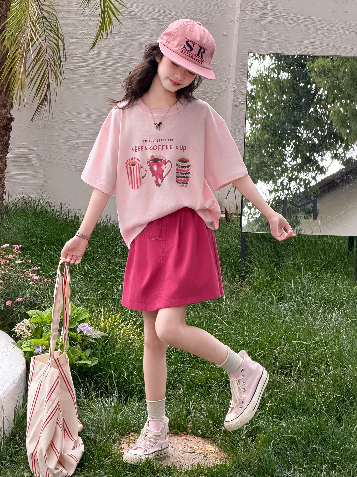 ラ・シャペル-女の子-夏服-半袖tシャツ-ショートスカート-2点セット-カジュアルスタイル-子供服-涼感-軽量-通気性