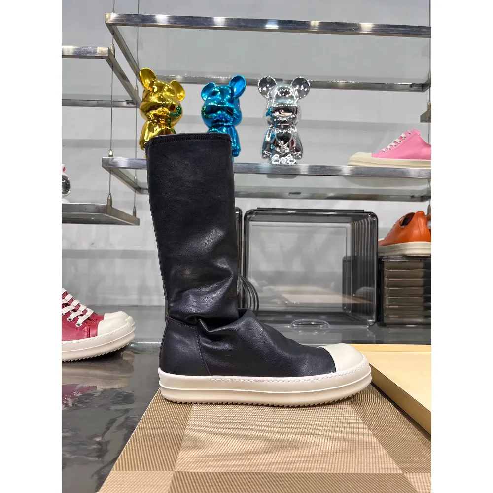 Fashion Women's Genuine Leather Motorcycle Boots Over the knee Boots Thick Sole Elastic Flat Platform Men's Modern Boots