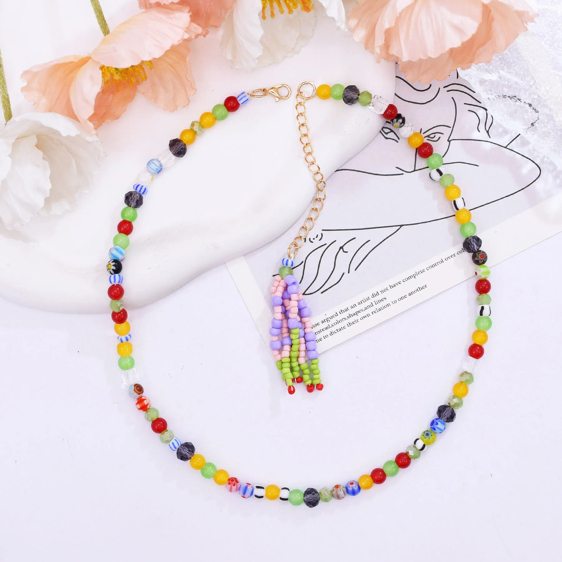 Colorful Glass Beads Choker Necklace for Women Handmade Mixed Multicolor Round Cube Murano Beaded Necklace Trendy Neck Jewelry