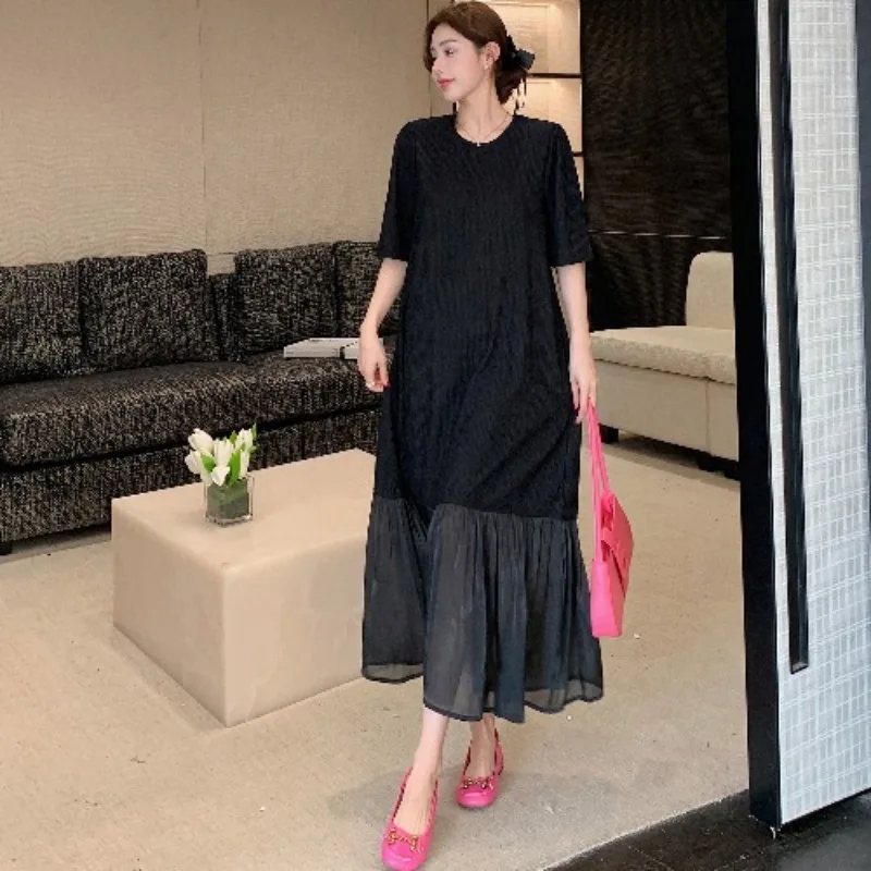 

Повседневное свободное платье макси с круглым вырезом и короткими рукавами в стиле пэчворк, летнее женское платье, новое тонкое платье трапециевидной формы с свободной талией, женское платье «рыбий хвост»