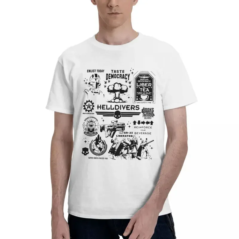 Y2K Men'S Helldivers Doodle Art Liber-Tea T Taste Democracy Cotton Tops Vintage Short Sleeve Crew Neck Tees Unique T-Shirts