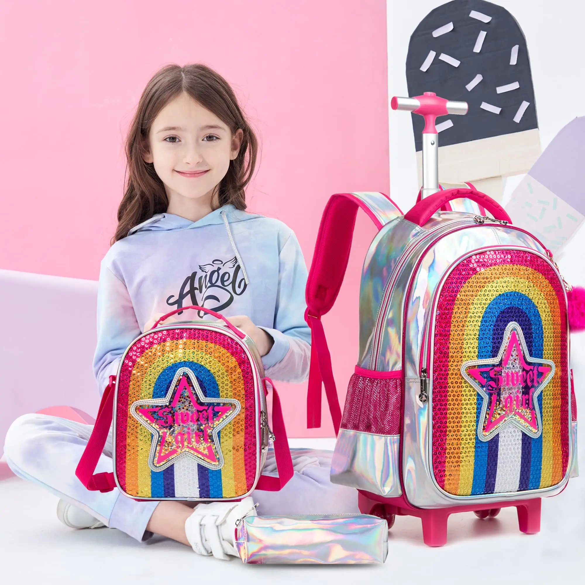 BIKAB Rolling Backpack Sequin Rolling Backpacks with Wheels for Girls Kindergarten Student Kids Travel Suitcase Luggage