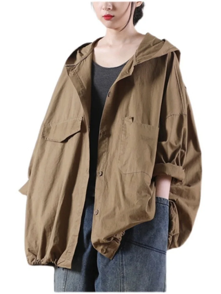 Literary Hooded Single Breasted Cardigan Women's Spring Autumn Long Sleeve Korean Style Loose Plus Size Youthful T Shirt Jacket