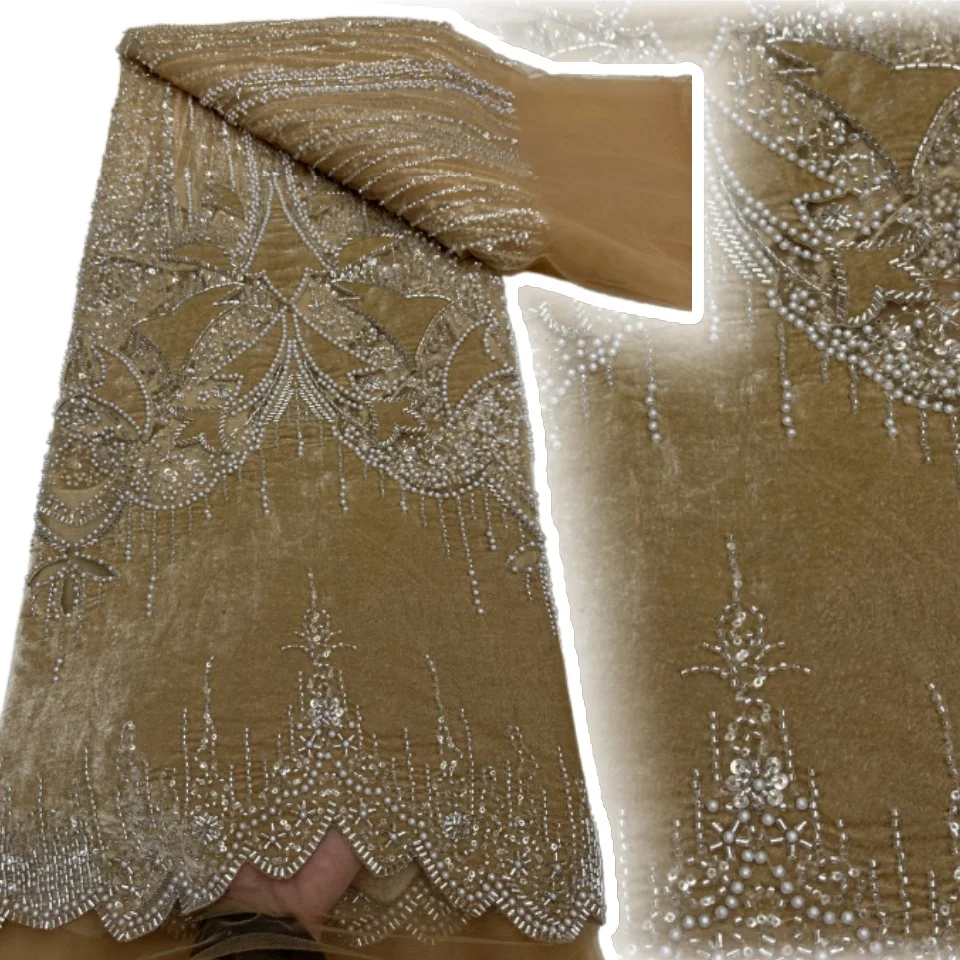 

Африканская нигерийская золотая бархатная кружевная ткань с вышивкой, французский тюль, кружевная ткань с блестками и бисером для свадебных платьев 2025 TP1472